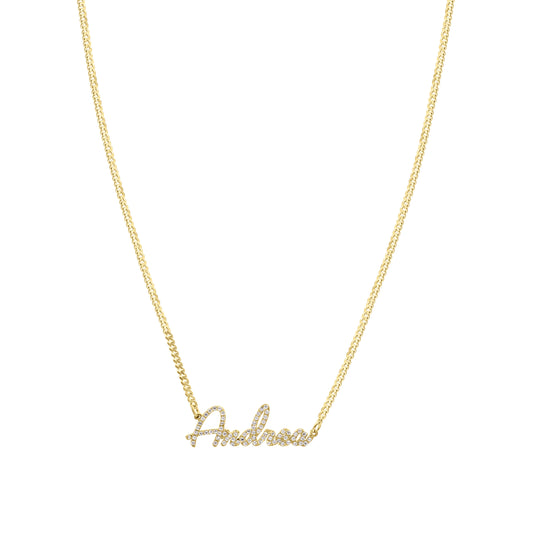 The Custom Pavé Cursive Name Necklace on Cuban Chain