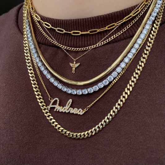 The Custom Pave Cursive Name Necklace on Cuban Chain